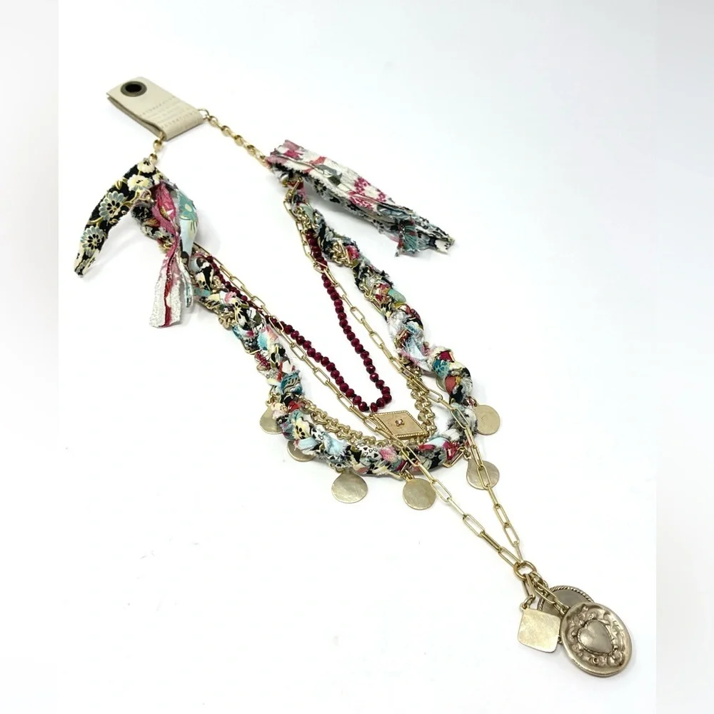 New Anthropologie Aspen Stone Layered Necklace Gold Charm Textile - Picture 4 of 9